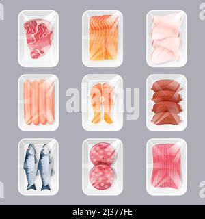 Cibo in confezioni di plastica per la vendita al dettaglio, pesce fresco, carne tritata e cosce di pollo, salsicce, bistecca di salmone crudo o filetto. Progettazione di prodotti isolati el Illustrazione Vettoriale