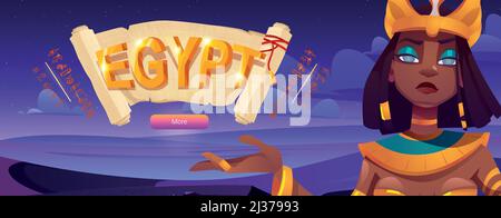 Bandiera egiziana con Cleopatra e papiro scorrere sullo sfondo del deserto notturno. Illustrazione vettoriale dell'antica regina egiziana in corona d'oro, la donna phara Illustrazione Vettoriale