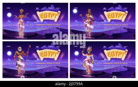 Bandiere egiziane con dio antico Amun, Osiride, Faraone e Cleopatra sullo sfondo del deserto notturno. Pagine di destinazione vettoriali con scorrimento papiro, egiziano q Illustrazione Vettoriale