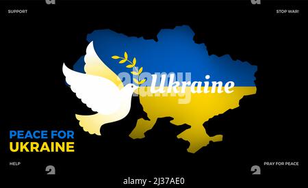 Supporto Ucraina graphic design background for stop war, bandiera Ucraina con un concetto di pace per l'Ucraina e colomba bianca di pace sulla mappa Ucraina - va Illustrazione Vettoriale