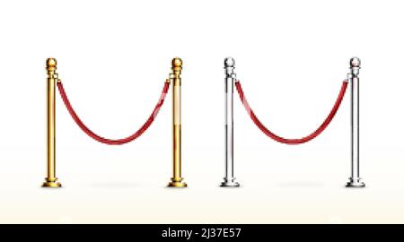 Barriera in corda rossa con stanchioni in oro e argento. Recinzione in velluto per l'ingresso al cinema, al club, al teatro e alla sala vip. Insieme vettoriale realistico di lusso 3d b Illustrazione Vettoriale