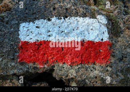 Strisce orizzontali rosse e bianche segnano la roccia vulcanica nel Parco dell'Etna, in Sicilia Foto Stock