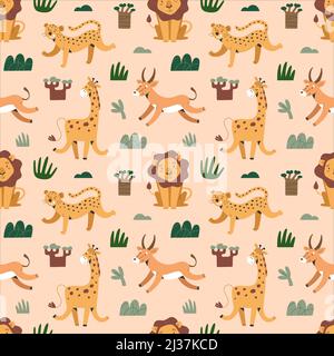 Safari animali stampa, carino felini esotici, leone e jaguar, giraffa divertente, mammiferi africani sorridenti e salti, stampa vettoriale senza giunture Illustrazione Vettoriale