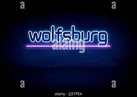Wolfsburg - cartello di segnalazione al neon blu Foto Stock