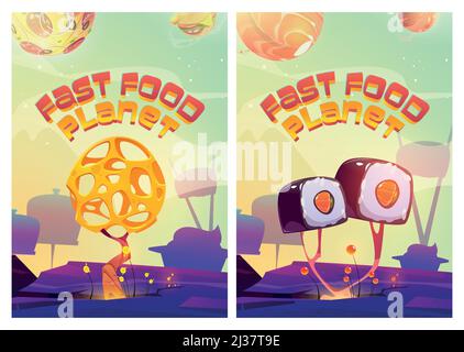 Poster del pianeta fast food con paesaggio fantasy con sushi e formaggi, pizza e pianeti hamburger in cielo. Vettore cartoon volantino del ristorante, me Illustrazione Vettoriale