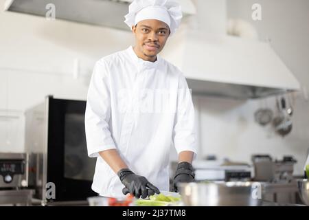 Ritratto del giovane chef latino-americano cuoco in cucina uniforme nella cucina professionale. Bel ragazzo che lavora come cuoco al ristorante Foto Stock