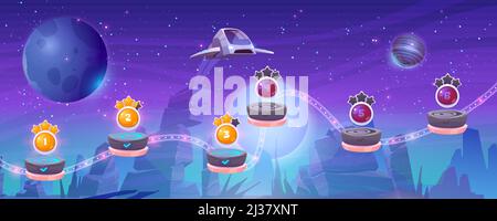 Arcade mobile con astronave, navetta interstellare sorvola il pianeta alieno con rocce e risorse su piattaforme rocciose volanti, design di giochi fantasy, extr Illustrazione Vettoriale