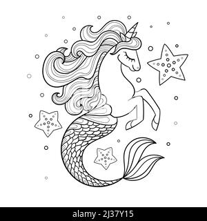 Unicorno di cavallucci marini con stelle marine. Disegno lineare in bianco e nero. Vettore Illustrazione Vettoriale