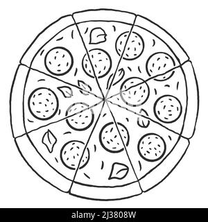 Pepperoni pizza intero rotondo disegno a mano scarabeo isolato su sfondo bianco. Linea illustrazione vettoriale Illustrazione Vettoriale