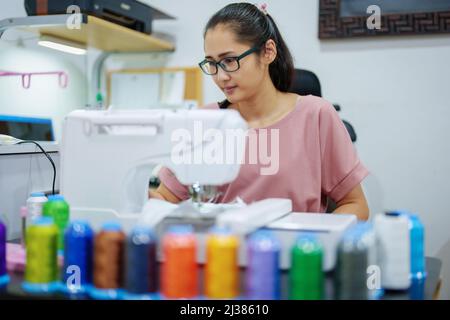 Ricamo, artigianato, hobby, PMI, famiglia, Ritratto di designer asiatici femminili stanno facendo progettando modelli utilizzando automatico Foto Stock