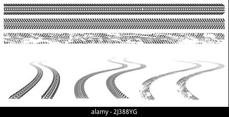 Cingoli pneumatici auto neri, ruote in gomma stampate su strada o sporcizia. Traccia di avvolgimento della grunge dagli pneumatici del veicolo isolati su sfondo bianco. Insieme di grafici vettoriali di Illustrazione Vettoriale