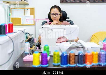 Ricamo, artigianato, hobby, PMI, famiglia, Ritratto di designer asiatici femminili stanno facendo progettando modelli utilizzando automatico Foto Stock