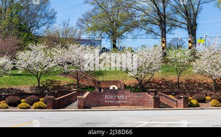 FORT MILL, S.C.-2 APRILE 22: Cartello 'Fort Mill' su muro di mattoni con dogwoods in fiore all'ingresso di Main St. Identificatore colorato per la città. Foto Stock
