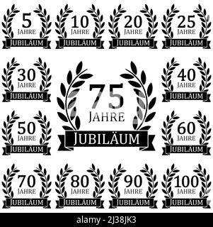 file vettoriale eps con collezione di corona di alloro nera su sfondo bianco per il successo o il giubileo deciso con testo da 5 a 100 anni (testo tedesco) Illustrazione Vettoriale