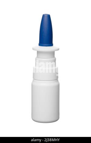 Flacone in plastica spray nasale con tappo blu isolato su sfondo bianco. Mockup di imballaggio farmaceutico Foto Stock