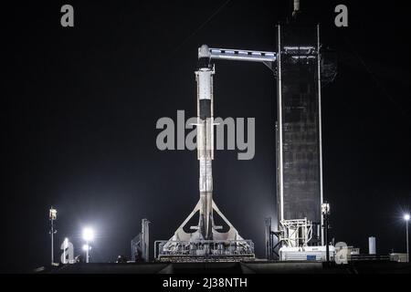 Le navicelle spaziali Falcon 9 e Dragon di SpaceX sono verticali presso lo storico Launch Complex 39A (LC-39A) presso il Kennedy Space Center della NASA. SpaceX è in arrivo venerdì 8 aprile per lanciare la missione Axiom Space Ax-1 nella Stazione spaziale Internazionale. L'equipaggio Ax-1 di Michael López-Alegría, un astronauta della NASA in pensione; Larry Connor, un imprenditore immobiliare e tecnologico; Mark Pathy, un uomo d'affari canadese; e Eytan Stibbe, un imprenditore israeliano ed ex pilota da caccia, trascorreranno dieci giorni nel laboratorio orbitante. Axiom Space's Ax-1 mission è la prima missione di volo spaziale umano completamente privata a t Foto Stock