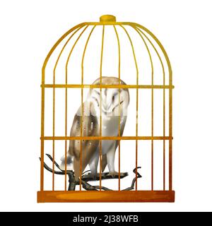 Acquerello volante gufo fienile gufo. Un'illustrazione realistica di un gufo. Uccello bianco con ali beige e testa uccello notturno Foto Stock