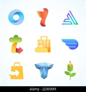 Raccolta modelli logo vettore astratto. Set di cartelli e simboli per acquisti, consegne e archiviazione cloud. Sfumature moderne concetti emblemi colorati Illustrazione Vettoriale
