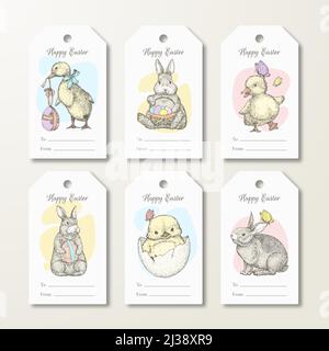 Biglietti d'auguri per la buona Pasqua o etichette regalo pronte all'uso o modelli di etichette. Illustrazioni dello schizzo di Animali e Uccelli di carino disegnati a mano. Vacanze di primavera Illustrazione Vettoriale
