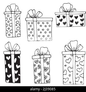 Set di scatole regalo vettoriali a forma di doodle con fiocchi e nastri. Illustrazione dello schizzo Illustrazione Vettoriale