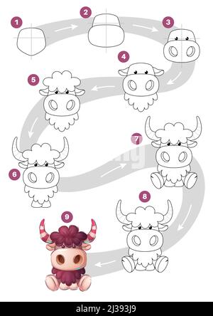 Disegno di un fumetto personaggio mucca toro, passo per passo tutorial Illustrazione Vettoriale