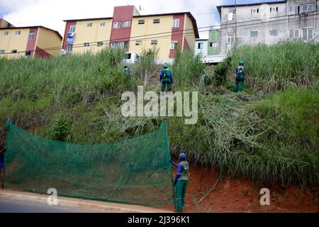 salvador, bahia, brasile - 16 maggio 2019: Spazzatrice stradale pulisce il pennello su una collina usando la tecnica di rapelling nel quartiere di Narandiba nella città Foto Stock