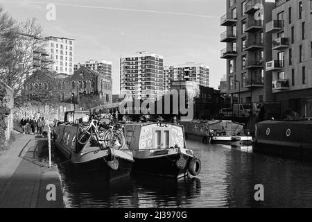 Barche a remi sul Regents Canal a De Beauvoir Town, North London UK, all'inizio della primavera Foto Stock