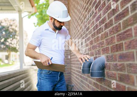 uomo con un elmetto bianco che tiene una clipboard, ispezionare casa Foto Stock