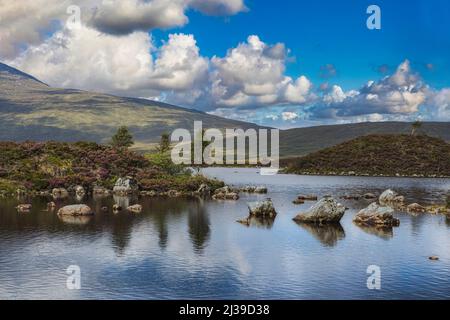 I laghi di Lochan na h-Achlaise su vaste torbiere di Rannoch Moor in remoto la West Highlands della Scozia. Foto Stock