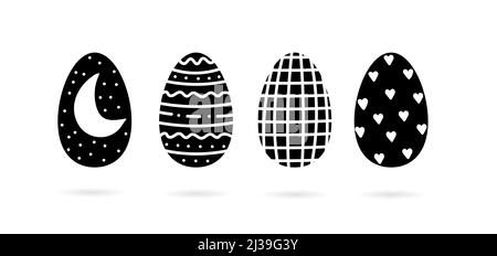 Collezione di uova di Pasqua bianche e nere su sfondo bianco. Vettore impostato per gli elementi di Pasqua delle festività Illustrazione Vettoriale