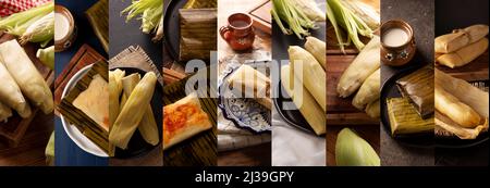 Collage di diversi assortimenti di tamales messicani. Cibo di strada fatto con mais., avvolto in mais o foglie di banana. Foto Stock