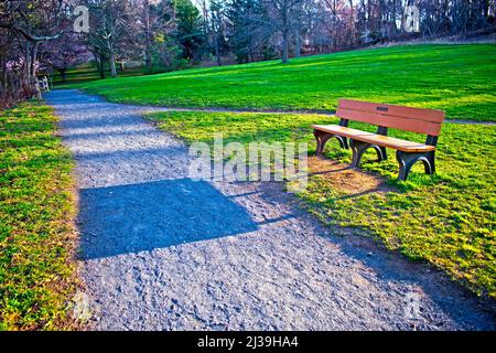 Una panca di legno proietta una lunga ombra nel tardo pomeriggio in una giornata di sole all'inizio della primavera all'Holmdel Park, New Jersey -05 Foto Stock