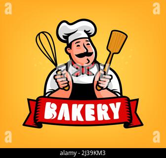 Logo da forno. Chef panettiere personaggio cartoon. Illustrazione del vettore emblema Illustrazione Vettoriale