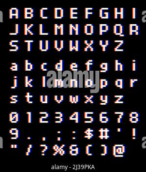 Pixel glitch video gioco 8 bit effetto font. Consente di impostare lettere maiuscole e numeri. Carattere di illustrazione vettoriale. Illustrazione Vettoriale