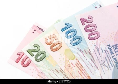 Banconote turche, turco Lira numeri macro colpo. Foto Stock