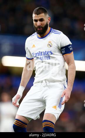 Londra, Regno Unito. 01st Feb 2018. LONDRA, Regno Unito, 06 APRILE: Karim Benzema del Real Madrid CF durante la finale di Champions League tra Chelsea e Real Madrid allo Stamford Bridge Stadium, Londra il 06th aprile 2022 Credit: Action Foto Sport/Alamy Live News Foto Stock