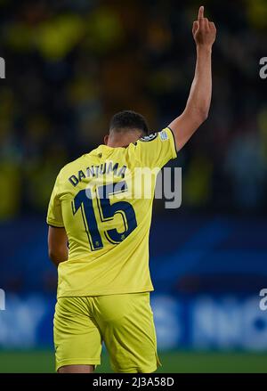 VILA-REAL, 7 aprile 2022 (Xinhua) -- Araut Danjuma di Villarreal celebra un gol durante una partita della UEFA Champions League tra Villarreal CF di Spagna e Bayern Monaco di Germania allo stadio la Ceramica di Vila-Real, Spagna, il 6 aprile 2022. (str/Xinhua) Foto Stock