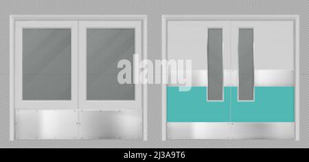 Porte per laboratori, cucine, ospedali, scuole o impianti di stoccaggio alimentare con finestre rettangolari. Doppio portale tecnico in metallo, grafico Illustrazione Vettoriale