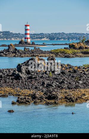 Faro sull'isola di Rangitoto, un'isola vulcanica nel Golfo di Hauraki vicino Auckland, Nuova Zelanda. Foto Stock