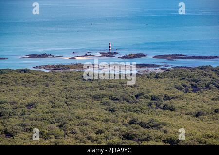 Faro sull'isola di Rangitoto, un'isola vulcanica nel Golfo di Hauraki vicino Auckland, Nuova Zelanda. Foto Stock