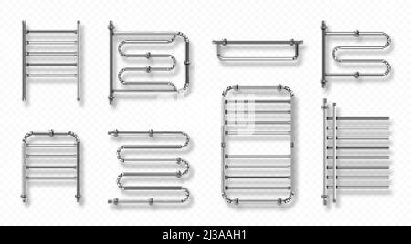 Scaldasalviette scaldasalviette, asciuga serpentina accessori per bagno. Radiatori in metallo cromato per asciugare gli abiti bagnati isolati su fondo trasparente, pipistrello in acciaio Illustrazione Vettoriale