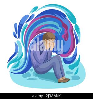 Un uomo triste si siede con il suo volto nelle sue mani.Vector disegno a mano cartone animato illustrazione concettuale sulla depressione. Illustrazione Vettoriale