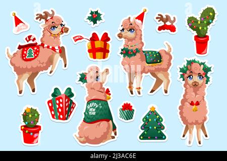 Set di adesivi con Llama di Capodanno, vicuna Perù animale. Personaggio dei cartoni animati alpaca natalizi. Mascotte messicana lama con cute vestita viso Natale coagulo festivo Illustrazione Vettoriale