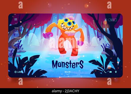 Pagina di atterraggio dei mostri cartoni animati, strano animale divertente, personaggio fantasy dentato sorridente con tre occhi e braccia lunghe si levano in piedi al laghetto d'acqua nel paesaggio alieno della foresta, creatura spooky, Vector web banner Illustrazione Vettoriale