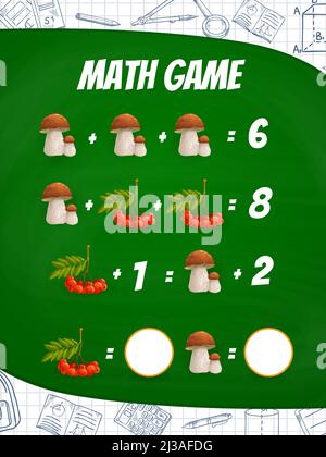 Cartoon funghi e rowanberry matematica gioco vettore foglio di lavoro. Labirinto di istruzione dei bambini o puzzle di conteggio con equazioni di aggiunta, test di logica dei bambini con bordo della cornice delle forniture scolastiche e degli articoli Illustrazione Vettoriale