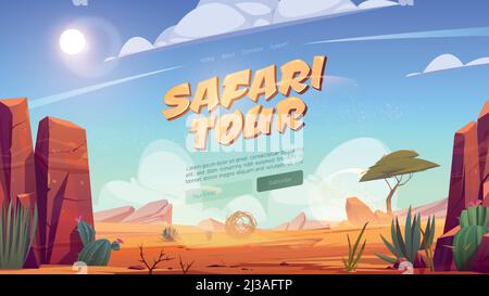 Safari tour cartoon landing page, avventura di viaggio Africa, deserto con rocce, albero tropicale, erba e cactus fiorente. Paesaggio africano con pietre, Illustrazione Vettoriale