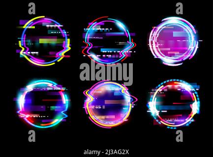 Frame vettoriali stract neon glow circle glitch. Futuristica distorsione del fricch dell'anello e effetti di luce di bug dello schermo telaio linee di confine con rumore statico su sfondo nero, tecnologia futura Illustrazione Vettoriale