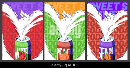 Poster di bibite dolci, bevande a base di frutta fredda. Melone frizzante, fibbio di mare e bevanda di pesca in lattine di alluminio. Poster vettoriale con illustrazione cartoon w Illustrazione Vettoriale