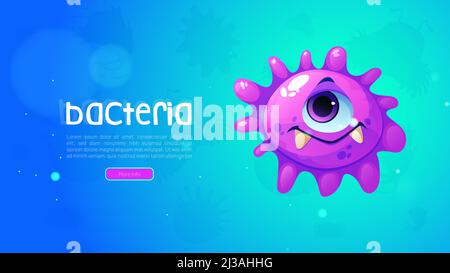 Banner web di batteri cartoon con divertente corona virus personaggio malattia, coronavirus con un occhio con divertente faccia toothy o germe patogeno cellulare mostro microbe con occhio grande e pimples, illustrazione Vector Illustrazione Vettoriale