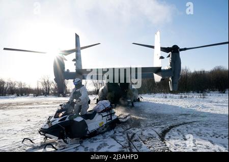 I membri delle forze di operazione speciali USA con la US Navy Special Warfare Task Unit Europe, conducono un addestramento DI infiltrazione/esfiltrazione DELLE RAPIDE con le motoslitte e la US Air Force CV-22B Ospreys assegnati alla 352d Special Operations Wing durante Exercise Cold Response 22, Norvegia, 7 marzo 2022. Exercise Cold Response 22 è un esercizio biennale di preparazione e difesa nazionale norvegese che si svolge in tutta la Norvegia, con la partecipazione di ciascuno dei suoi servizi militari, così come da 26 nazioni alleate e partner regionali dell'Organizzazione del Trattato Nord Atlantico. (STATI UNITI Air Force foto di staff Sgt. JE Foto Stock